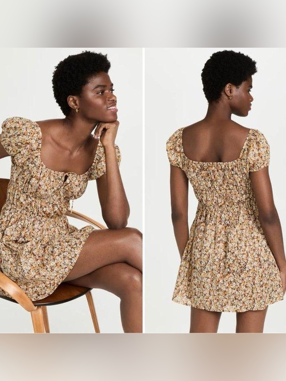 Faithfull the brand Floral Square-Neck Puff Sleeve Mini Dress in Beige